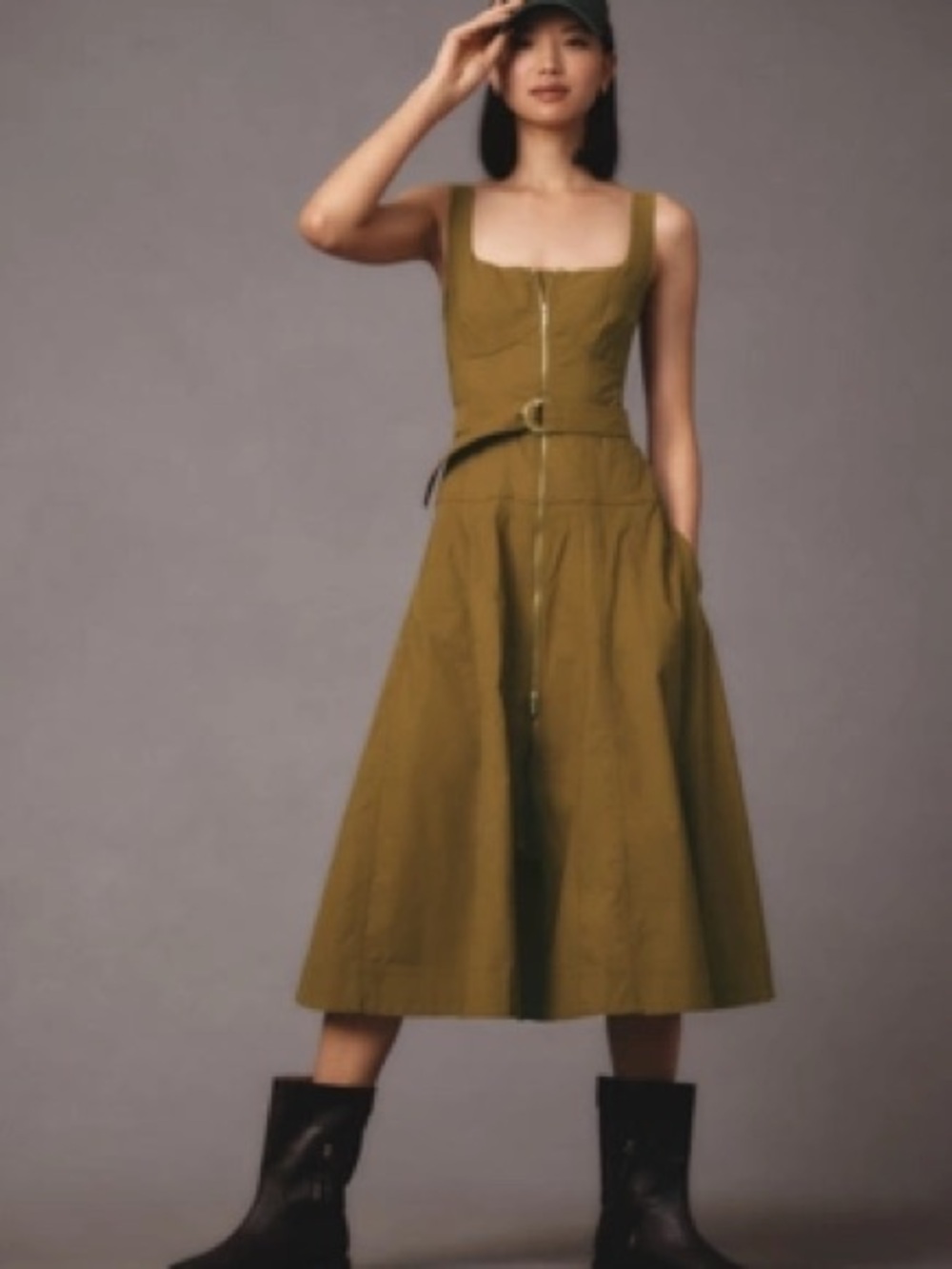 Anthropologle Sleeveless Mustard Midi Dress with Front Zip